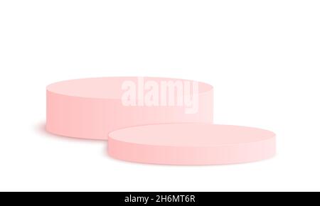 Runde rosa Podien. Leerer Podestmockup für Kosmetik, Produktpräsentation. Saubere zylindrische Schaufensterplattform isoliert auf weißem Hintergrund. Vektor realistische Illustration im Minimalismus Stil. Stock Vektor