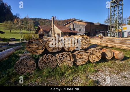 Holzhof Im Freien, Im Hintergrund Sägewerk Gebäude, Wiese Und Blue Sky. Gündisau, Zürich Oberland, Schweiz Stockfoto