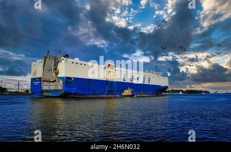 Eukor Containerschiff in Savannah River Stockfoto