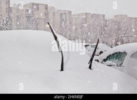 Windschutzscheibenwischer, die während des Winters in Longueuil, Quebec, Kanada, von einem schneebedeckten Auto aufstehen. Stockfoto