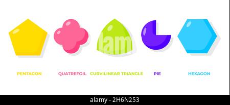 Farbige flache Cartoon geometrische Formen Icon-Set. Grundlegende mathematische Formen mit Namen pentagon, Quatrefoil, Pie, Sechseck, kurvenohriges Dreieck. Geometrie für Schulkinder isoliert auf weißer Vektorgrafik Stock Vektor
