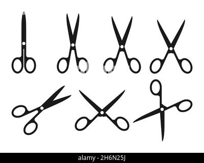 Scherenschnittsymbol in Schwarz. Handarbeitsschere oder Schule und Büro. Verschiedene offene Schere oder geschlossen. Stationär für den Bildungsbereich. Einfache Schneidwerkzeuge . Isoliert auf weißer Vektorgrafik Stock Vektor