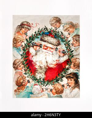 Weihnachtsmann ruft Kinder für Weihnachtsgeschenke Stockfoto
