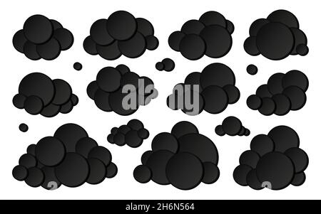 Cloud Paper Cut schwarz flat set. 3D-Blase Wetter bedeckt Infoboard Werbung Postkarte leer Banner bewölkt Lagerung. Aufkleber Verkauf Förderung info Rabatt Label Symbol Meteorologie Cartoon isoliert Stock Vektor