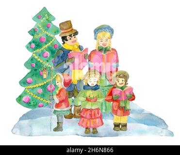 Aquarell-Illustration mit Familienchor, der Weihnachtslieder von dekoriertem Nadelbaum singt, der auf Weiß isoliert ist. Winter Weihnachten und Neujahr Urlaubskonzept Stockfoto