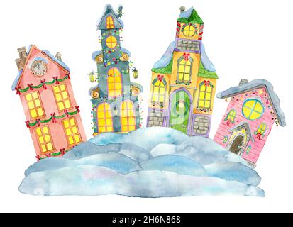 Aquarell-Illustration mit wunderschönen Weihnachtshäusern in Lichtern und Schnee isoliert auf Weiß. Winter Weihnachten und Neujahr Urlaubskonzept Stockfoto