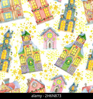 Nahtlose Muster mit schönen Vintage-Weihnachtshäusern und Feuerwerk auf weißem Hintergrund. Aquarell-Illustrationen. Winter Weihnachten und Neujahr h Stockfoto