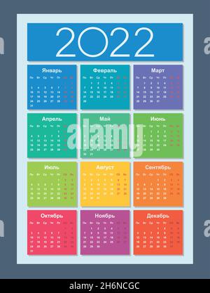 Kalender 2022. Russische Sprache. Design-Vorlage für vertikalen Kalender. Grundraster. Isolierte Vektordarstellung. Stock Vektor