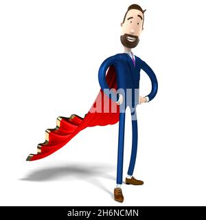 Hipster Cartoon Geschäftsmann mit rotem Mantel - Mut, Mut, Superhelden Konzept - 3D-Illustration Stockfoto