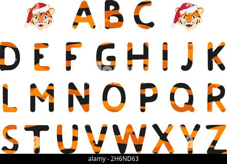 Alphabet aus Tiger-Muster und Schnauze von Tier Raubtier in Santa hat. Festliche orangefarbene Schrift mit schwarzen Streifen oder Dekoration für frohes Neues Jahr und Weihnachten, Zeichen und Buchstaben in verschiedenen Formen Stock Vektor