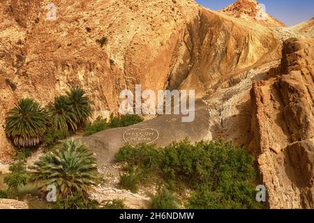 Blick auf die Bergoase von Shebika, mitten in der Sahara-Wüste, Tunesien Stockfoto