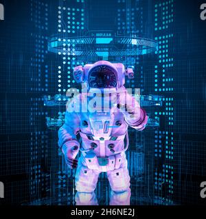 Data Interface Explorer Astronaut - 3D-Darstellung des Raumanzugs trägt männliche Figur Zugriff auf virtuelle Terminal Stockfoto