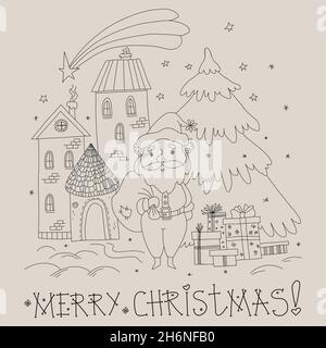 Frohe Weihnachtskarte. Niedlicher Weihnachtsmann mit Geschenken, Weihnachtsbaum, Neujahrshäusern und Stern von Bethlehem. Vektorgrafik. Lineare Hand Stock Vektor