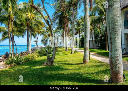 Tropisches Resort Hotel, Strandparadies. Sommerurlaub an der Küste. Herrlicher Panoramablick auf den schönen Strand. Luxusurlaub auf der Insel Mauritius. Palmen mit blauem Himmel. Hochwertige Fotos Stockfoto