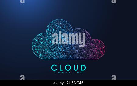 Cloud-Computing-Technologiekonzept. Polygonales Wireframe-Cloud-Speicherschild mit Punkten und Linien. Hintergrund der digitalen Computertechnologie. Daten Stock Vektor