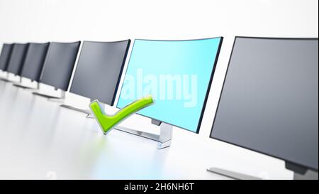 Generischer Monitor mit einem Kontrollzeichen hebt sich von anderen schwarzen Bildschirmen ab. 3D-Illustration. Stockfoto