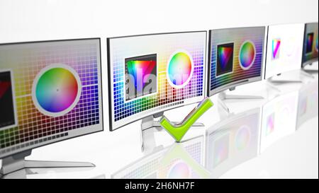 Generischer Monitor mit einem Kontrollzeichen hebt sich von anderen Bildschirmen ab. 3D-Illustration. Stockfoto