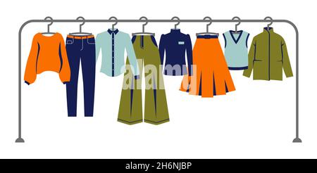 Flache Vektorgrafik, Satz von Damenbekleidung auf einem Kleiderbügel. Bekleidungsgeschäft, Herbst- und Wintergarderobe. Shopping, Ladenkonzept. Stock Vektor