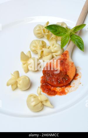 Saccottini, italienische Pasta auf dem Teller und Kochlöffel mit Tomatensauce, Pasta Stockfoto