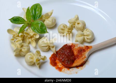 Saccottini, italienische Pasta auf dem Teller und Kochlöffel mit Tomatensauce, Pasta Stockfoto