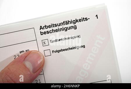 Arbeitsunfähigkeitsbescheinigung, Baden-Württemberg, Deutschland Stockfoto