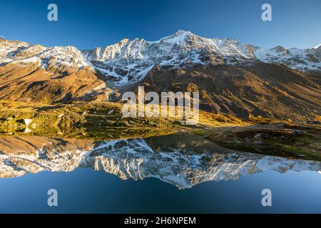 Schneebedeckte Berge spiegeln sich im Bergsee, Guggisee, Bietschhorn, Fafleralp, Loetschental, Wallis, Schweiz Stockfoto