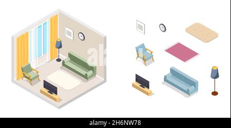 Vektor-isometrische Abbildung, 3D Innenraum, Wohnzimmer Stock Vektor