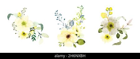 Aquarell gelbe Blumensträuße gesetzt. Botanische Zusammensetzung Aquarell handbemalt isoliert auf weißem Hintergrund, geeignet für Kartengestaltung, Hochzeit, in Stock Vektor