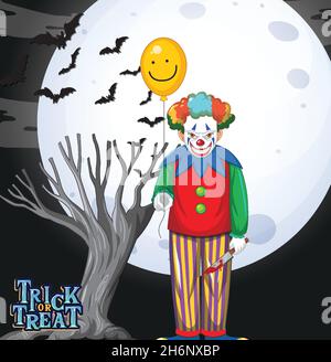 Scary Clown hält Ballon auf Vollmond Hintergrund Illustration Stock Vektor