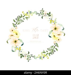 Aquarell-Kranz-Design mit orangen Blüten und Blättern. Aquarell handbemalt mit Blumenstrauß isoliert auf weißem Hintergrund. Geeignet für Weddin Stock Vektor