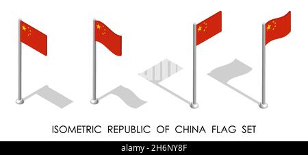 Isometrische Flagge der Republik CHINA in statischer Position und in Bewegung auf Fahnenmast. 3d-Vektor Stock Vektor