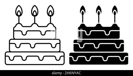 Lineares Symbol. Festlicher abgestuften Kuchen mit brennenden Kerzen. Dessert zur Geburtstagsfeier. Einfacher Schwarz-Weiß-Vektor isoliert auf weißem Backgroun Stock Vektor