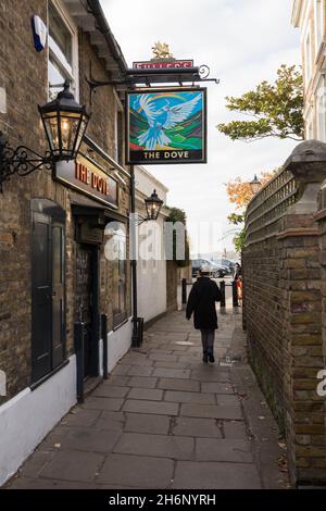 Beschilderung für Pubs vor dem Dove Public House in Hammersmith, West London, England, Großbritannien Stockfoto