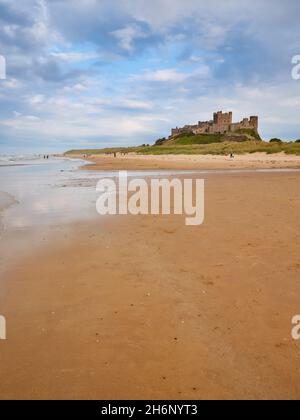 Die Sommerlandschaft des Strandes und der Burg von Bamburgh an der Küste von Northumberland in Bamburgh, Nordostengland, Großbritannien Stockfoto