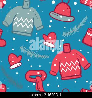 Nahtloses Wintermuster mit Pullovern, Mützen, Schals und Fäustlingen. Gemütlicher Hintergrund mit warmer Kleidung. Schablone zum Einpacken von Geschenken, Papier, Stoff. Stock Vektor