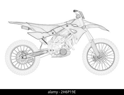 Drahtmodell von Geländeüberfahrt Motorrad aus schwarzen Linien isoliert auf weißem Hintergrund. Seitenansicht. 3D. Vektorgrafik Stock Vektor