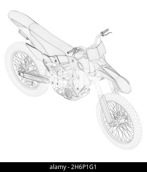 Drahtmodell von Geländeüberfahrt Motorrad aus schwarzen Linien isoliert auf weißem Hintergrund. Isometrische Ansicht. 3D. Vektorgrafik Stock Vektor