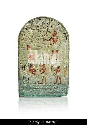 Alte ägyptische Stele von Bakeamun, 1390-1352, 18. Dynastie. British Museum EA289. Rundes Kalksteinstela von Bakeamun mit bemaltem Detail: upp Stockfoto