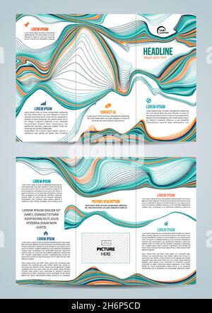 Vektor-dreifach-Broschürenvorlage mit flüssiger, marmorfarbener Textur, Linie in Cyan und Orange. A4 gefalteter Hintergrund Stock Vektor