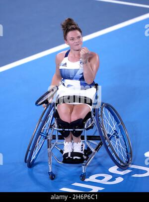 Datei-Foto vom 03-09-2021 der britischen Jordanne Whiley, die ihren Ausscheiden aus dem Sport angekündigt hat. Die 29-Jährige beendet ihre Karriere als eine der meistdekorierten Tennisspielerinnen Großbritanniens, nachdem sie 13 Grand-Slam-Titel und vier Paralympics-Medaillen gewonnen hat. Ausgabedatum: Mittwoch, 17. November 2021. Stockfoto