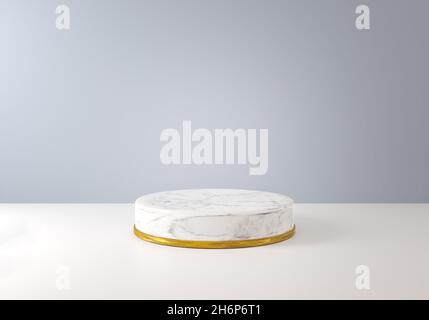 Marmorpodium mit goldenem Ring. Luxus-Podest Schaufenster für Produkte. Plattform aus weißem Marmor. 3D-Rendering. Stockfoto