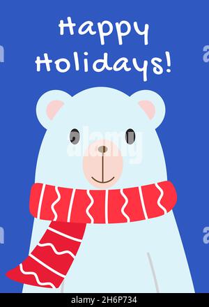 Happy Holidays-Karte mit weißem Eisbär im roten Schal. Niedliche Illustration in Cartoon flachen Stil. Frohe Weihnachten und ein glückliches neues Jahr. Drucken Stock Vektor