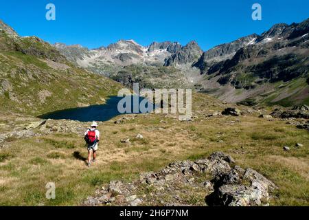 FRANKREICH, HAUTES PYRENEES, LOURON-TAL, LOUDENVIELLE, CLARABIDE-GEBIET, WANDERN ÜBER AYGUES TORTES SEEN, HINTERGRUND DER GOURGS BLANCS GIPFEL (MITTE - 31 Stockfoto