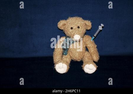 Kuscheltier Teddy mit Spritze im Arm, sitzend auf einem dunkelblau Sofa aus Samt. Stockfoto