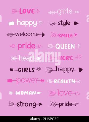 Handgezeichnete bunte Mädchen Wörter in Pfeilen. Verschiedene Stile und Farben. Stock Vektor