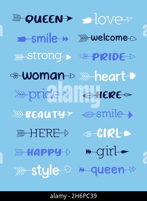 Handgezeichnete bunte Mädchen Wörter in Pfeilen. Verschiedene Stile und Farben. Stock Vektor
