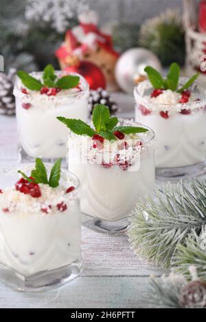 Weisser weihnachtlicher Mojito aus Likör, Tequila, Kokosmilch mit Granatapfelkernen, Kokosflocken und erfrischender Minze. Stockfoto