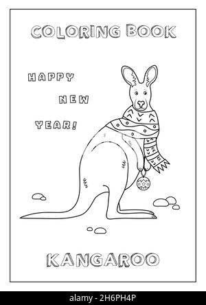 Malbuch Happy New Year Känguru mit Schal für Kinder. Schwarz und Weiß, in Vektor gemacht. Druckfertig, Format A4. Stock Vektor