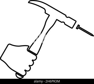 Hammer trifft Nagel in der Hand Klaue halten Fixierung und Reparatur Arbeitswerkzeuge Kontur Umriss Symbol schwarz Farbe Vektor Illustration flach Stil einfaches Bild Stock Vektor
