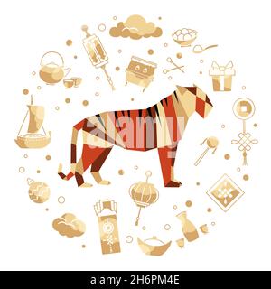 Frohes neues Jahr Vektor-Illustration Origami Tiger jährliche Tier Tierkreis Zeichen Symbol des 2022 chinesischen Kalender Horoskop Festlich China Tradition Urlaub Ein Stock Vektor